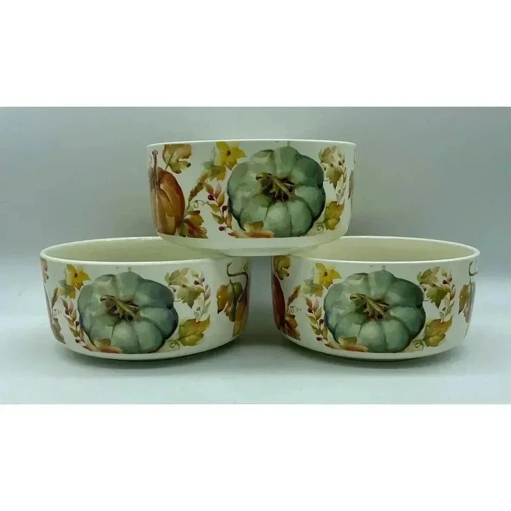 Botanical Pumpkins Stoneware Bowl 6”W‎ x 3”H Lot Of 3 ** Factory Blemished**